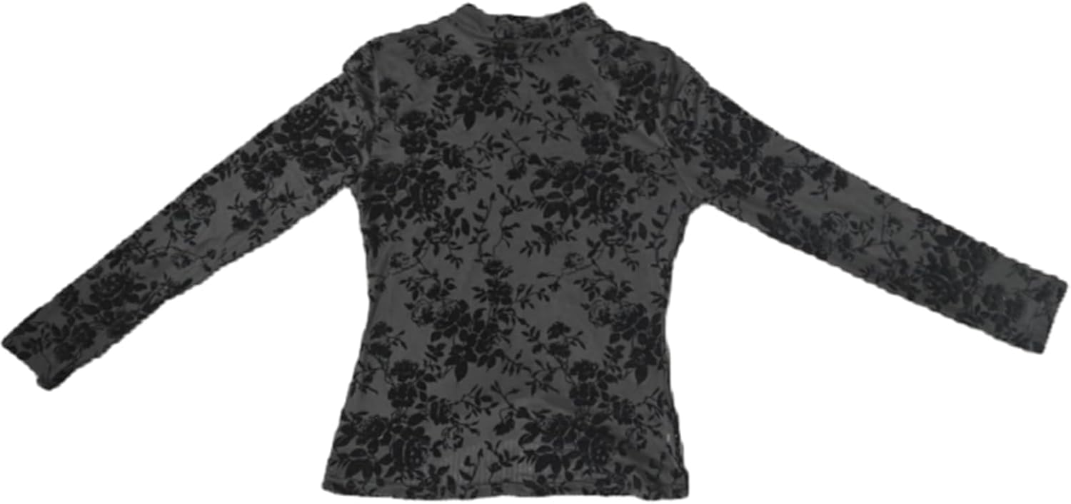 Buauty Mesh Long Sleeve Top for Women, Lace Sheer Tops See Through Mock Neck Floral Embroidery Sheer Blouce Fishnet Shirt