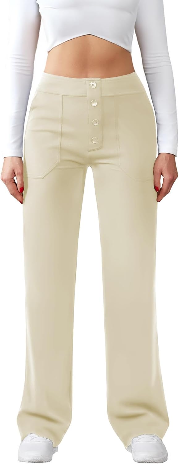 Womens Casual High Waist Straight Leg Pants Stretchy Button Business Dress Work Pocket Trousers