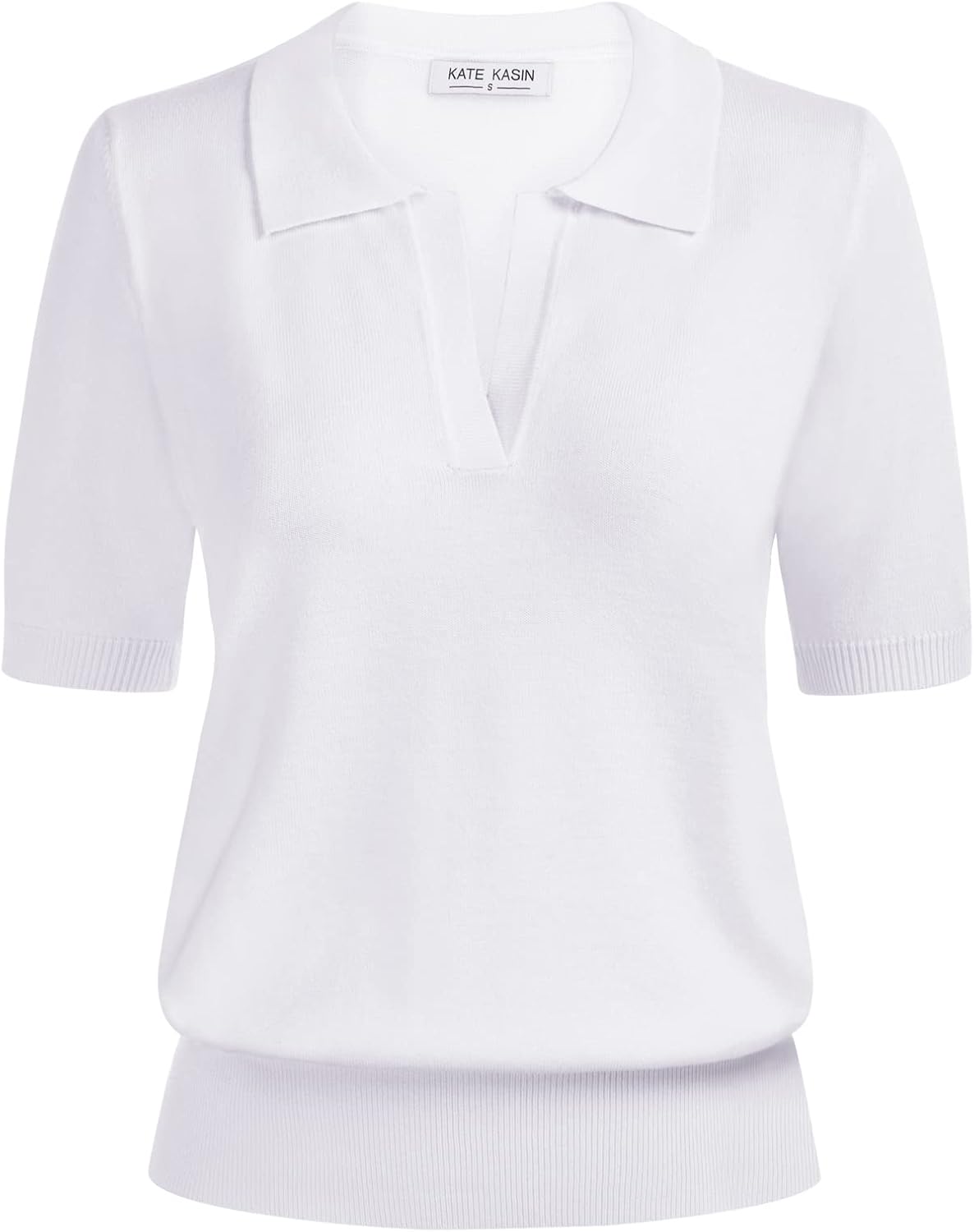 Kate Kasin Women Short Sleeve Polo Sweater V Neck Knitted Tops Casual Ribbed Shirt Loose Pullover Sweater