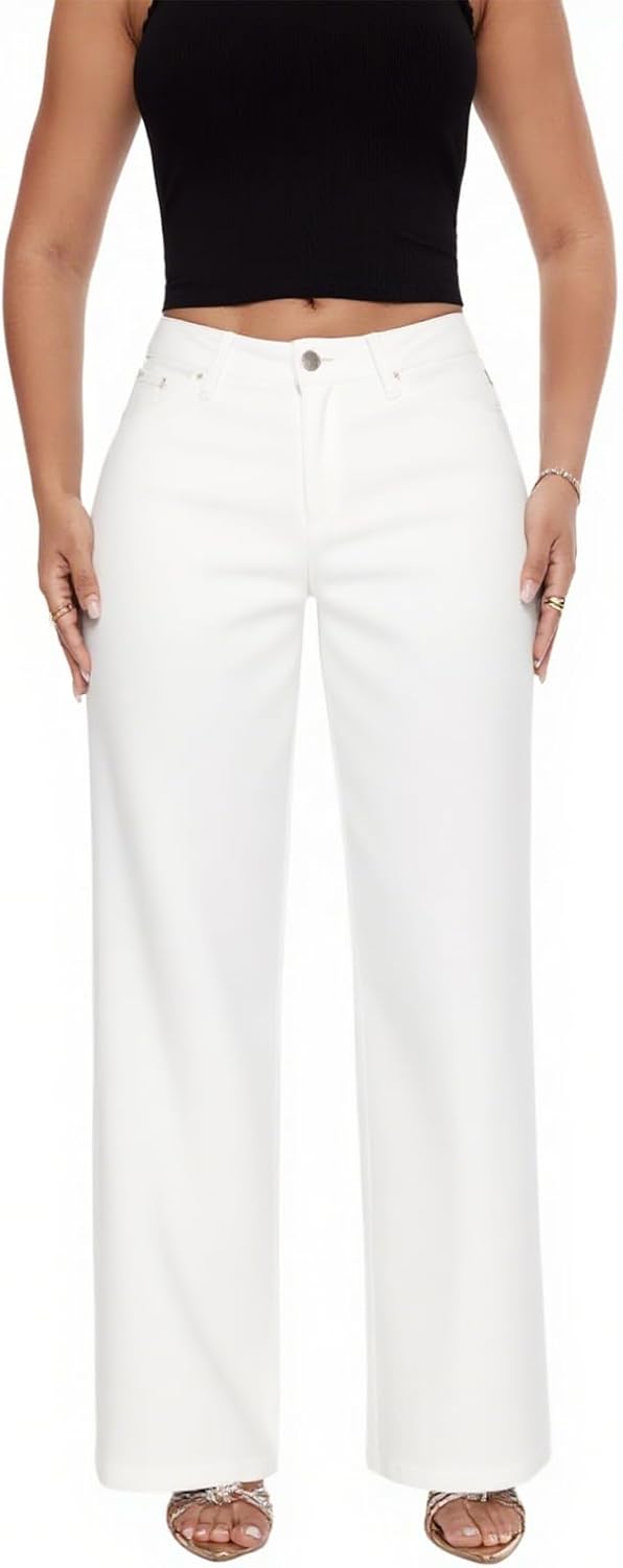 ONESO Mid-Low Rise Baggy Jeans Wide Leg for Women Distressed Pants Stretchy Bottom Lady Basic Comfortable Denim