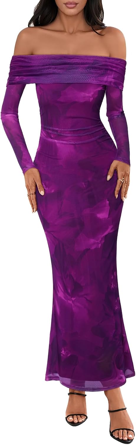 MEROKEETY Women's Fall Off Shoulder Floral Maxi Dresses Formal Long Sleeve Bodycon Cocktail Wedding Guest Dress