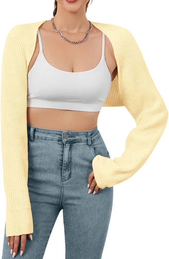 Women Open Front Ribbed Knit Crop Bolero Drop Shoulder Long Sleeve Solid Loose Fit Knitted Crop Cardigan Shrug