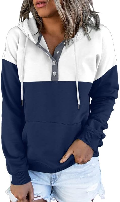 Dokotoo Womens 2025 Hoodies Button Collar Drawstring Hooded Pullover Sweatshirt Casual Long Sleeve Tops Shirts