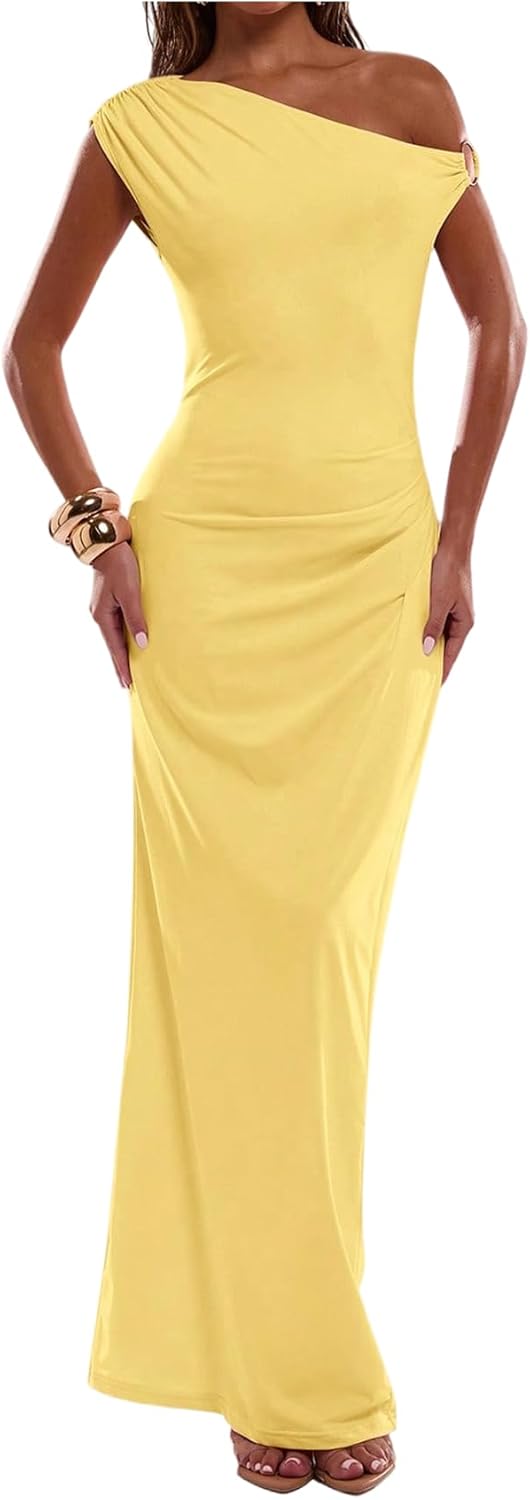 Verdusa Women's Off The Shoulder Wedding Guest Dress Asymmetrical Ruched Sleeveless Maxi Dresses