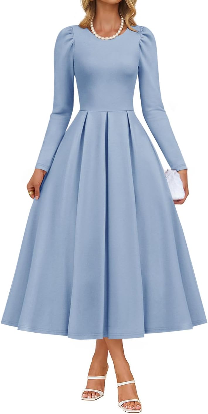 ZESICA Women's Long Sleeve Midi Dresses 2025 Fall Elegant Crewneck Swing A Line Wedding Guest Party Dress with Pockets