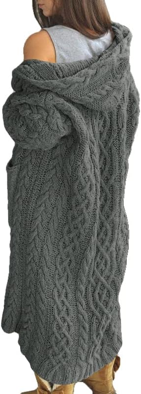 NIUBIA Womens Casual Long Sleeve Open Cardigan Warm Hooded Outwear Coat Cable Knit Long Cardigan Sweaters with Pockets