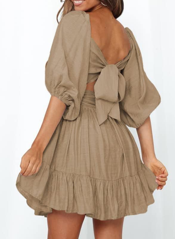 Dokotoo Womens Summer Dresses Square Neck Tie Back Lantern Sleeve Ruffle A-Line Casual Dress