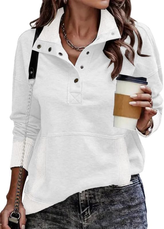 SHEWIN Women's Casual Long Sleeve Stand Neck Sweatshirt Lightweight Button Drawstring Pullover Tops