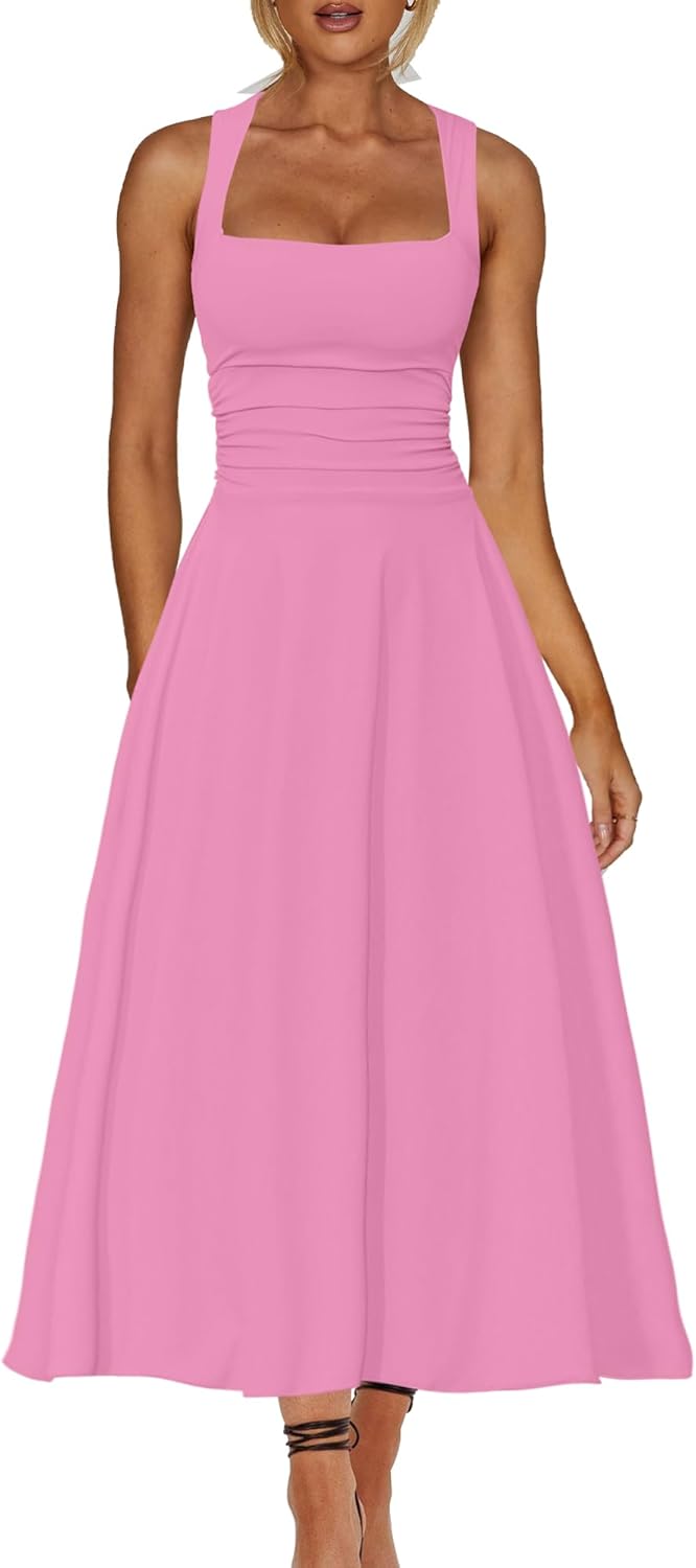 Kaximil Women's Square Neck Corset A Line Maxi Dress Ruffle Ruched Waist Flowy Long Dresses