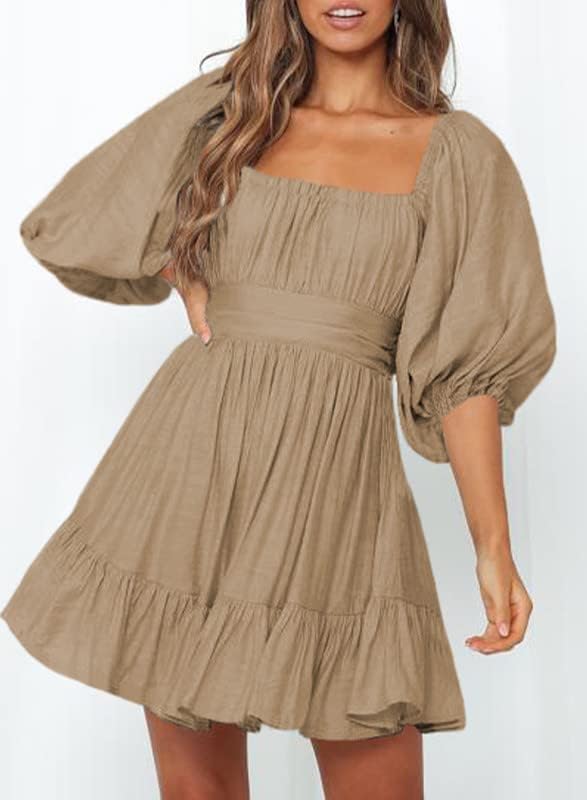 Dokotoo Womens Summer Dresses Square Neck Tie Back Lantern Sleeve Ruffle A-Line Casual Dress