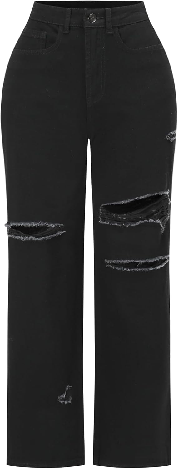 THUNDER STAR Womens High Waisted Wide Leg Jeans Stretchy Distressed Denim Pants