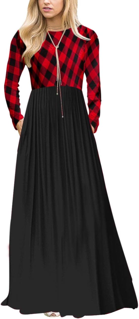 MEROKEETY Women's Long Sleeve Plaid Empire Waist Full Length Maxi Dress with Pockets