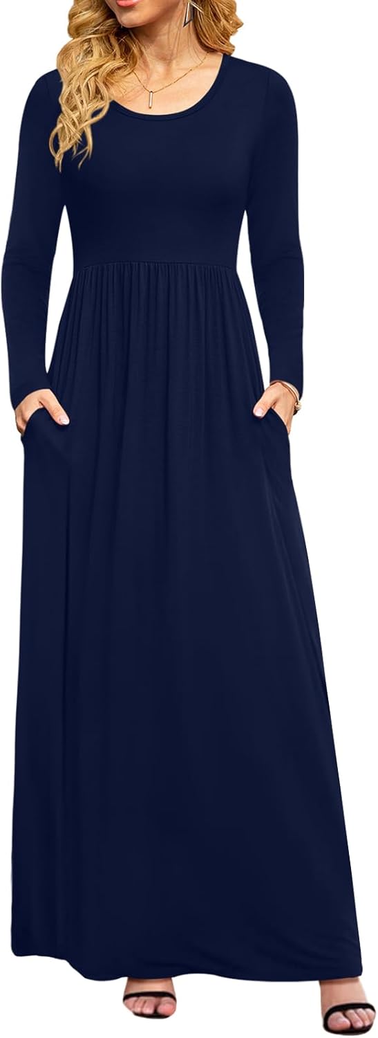 DB MOON Women Casual Long Sleeve Maxi Dresses Empire Waist Long Dress with Pockets
