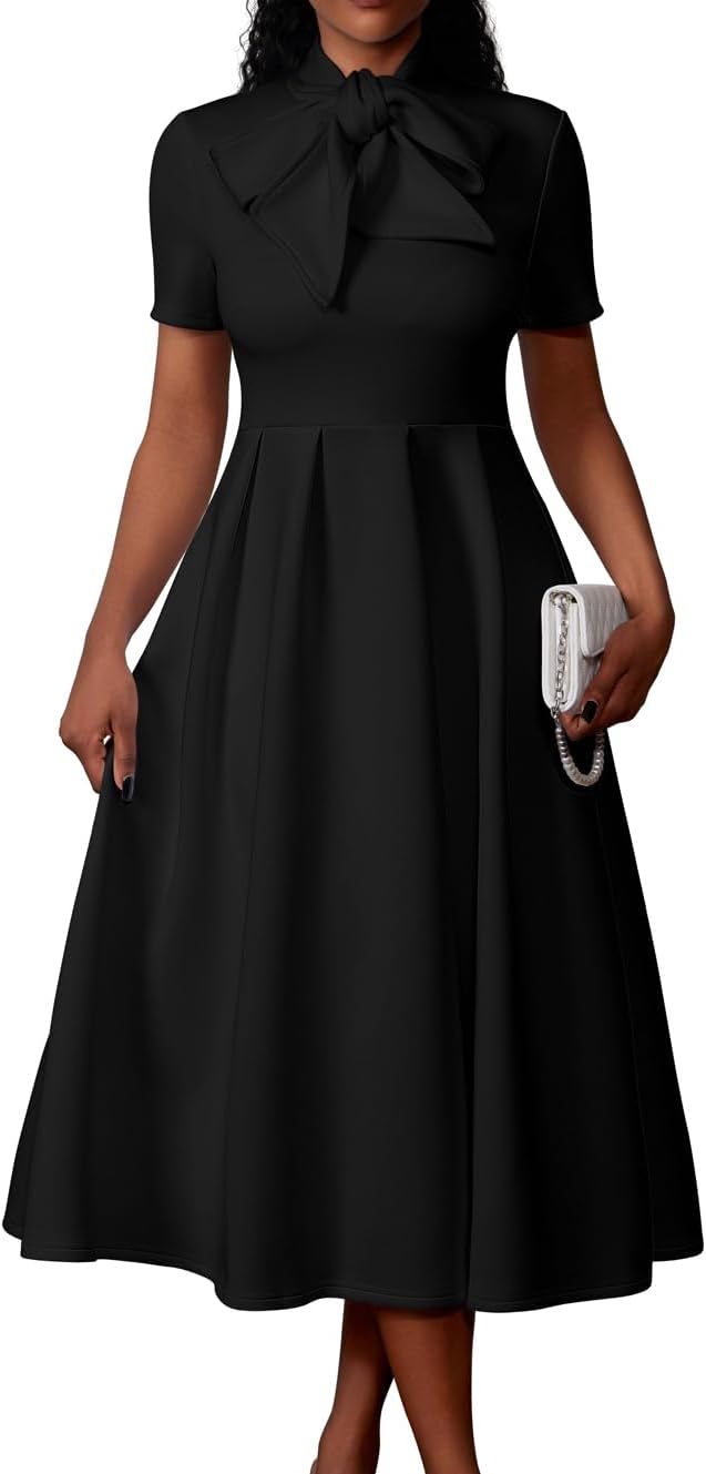 Memoriesea Women's Elegant Casual Short Sleeve Work Party A-Line Dress with Pockets