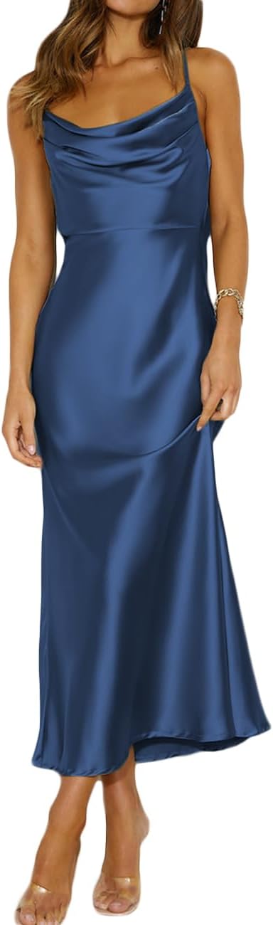 Summer Satin Spaghetti Strap Cowl Neck Backless Midi Dresses for Women Elegant Tie Low Back Ruched Cocktail Dress
