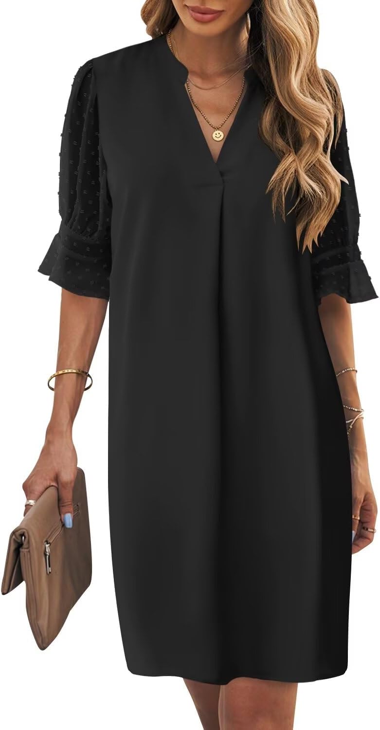 Wkior Shift Dress for Women V Neck Short Sleeves Solid Color Casual Flowy Summer Dresses(S-2XL)