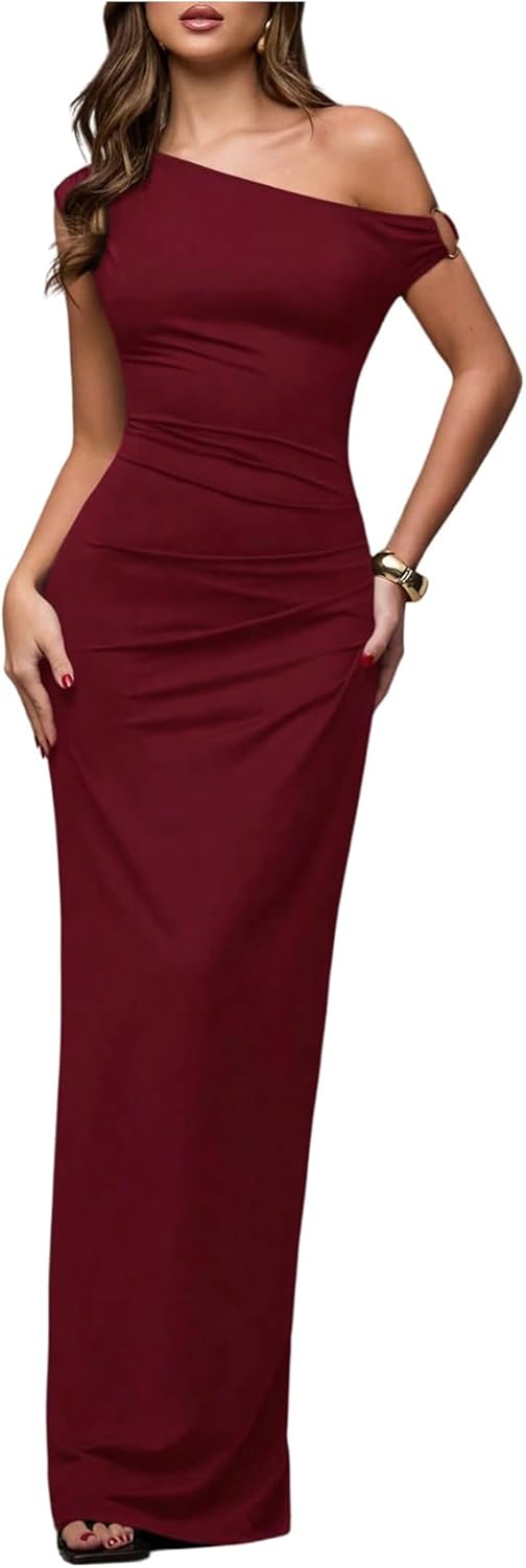 Verdusa Women's Off The Shoulder Wedding Guest Dress Asymmetrical Ruched Sleeveless Maxi Dresses