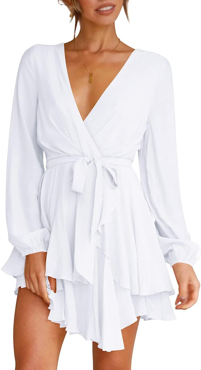 Cosonsen Women's Dress Deep V-Neck Long Sleeve Waist Tie Ruffle Mini Swing Skater Dresses