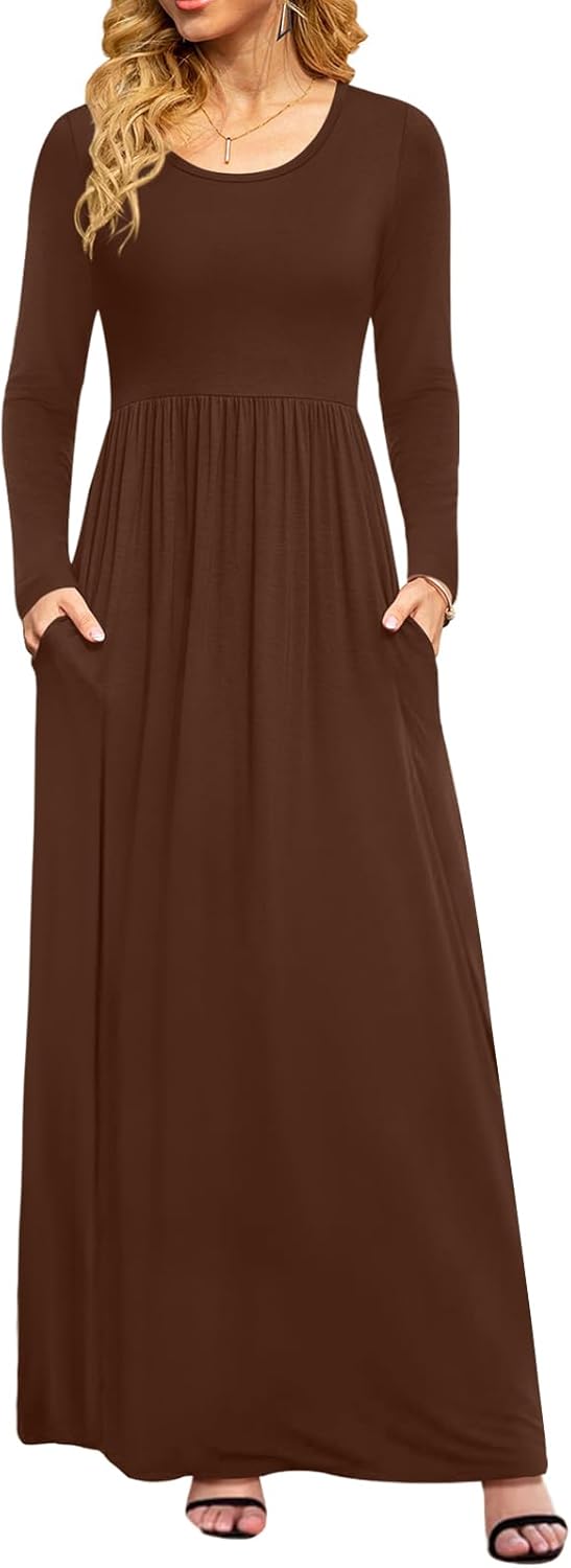 DB MOON Women Casual Long Sleeve Maxi Dresses Empire Waist Long Dress with Pockets