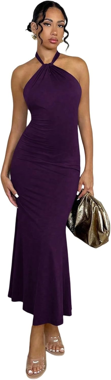 SOLY HUX Women's Bodycon Maxi Dress Halter Neck Sleeveless Backless Twist Party Club Going Out Long Dresses
