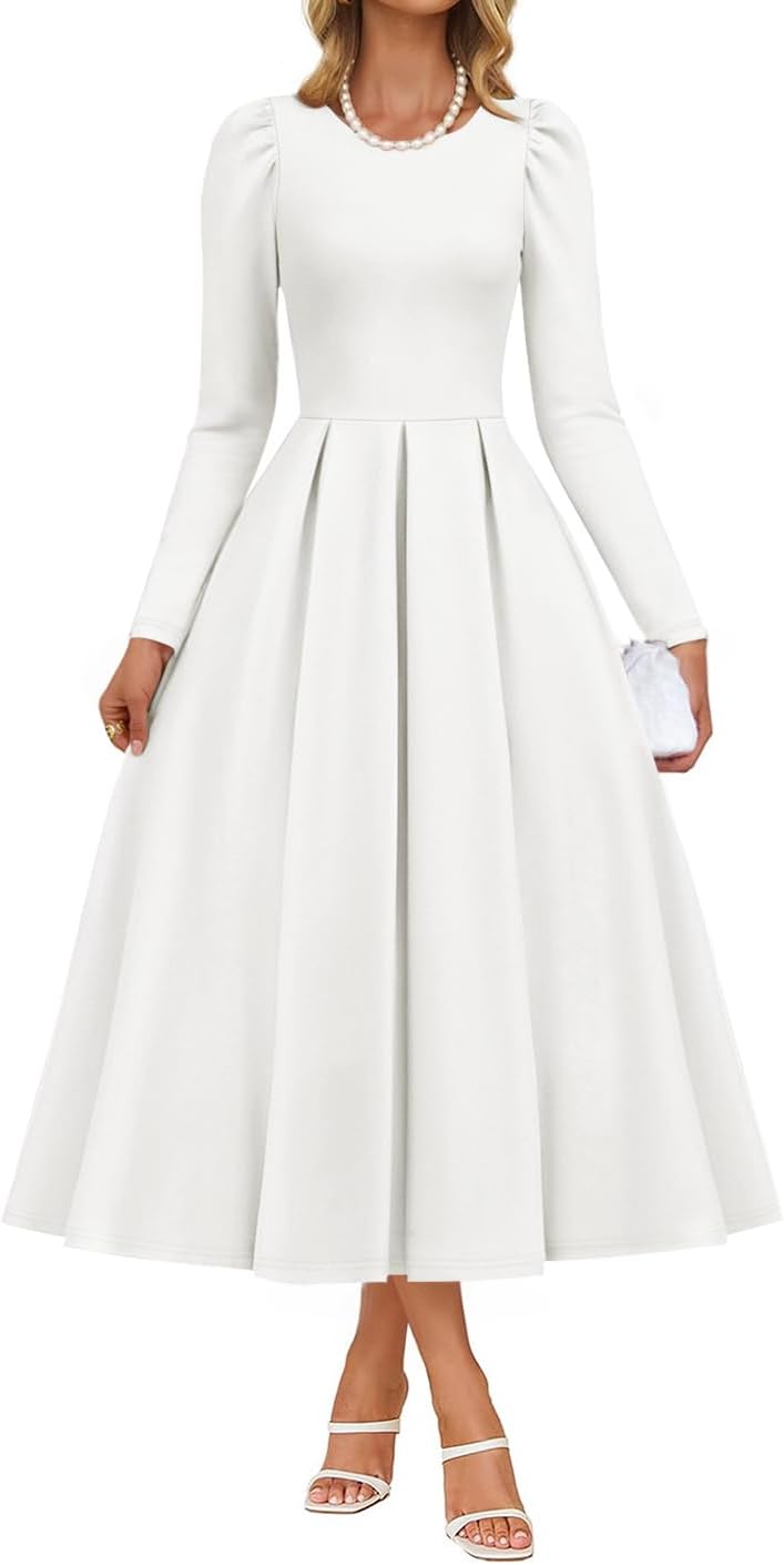 ZESICA Women's Long Sleeve Midi Dresses 2025 Fall Elegant Crewneck Swing A Line Wedding Guest Party Dress with Pockets