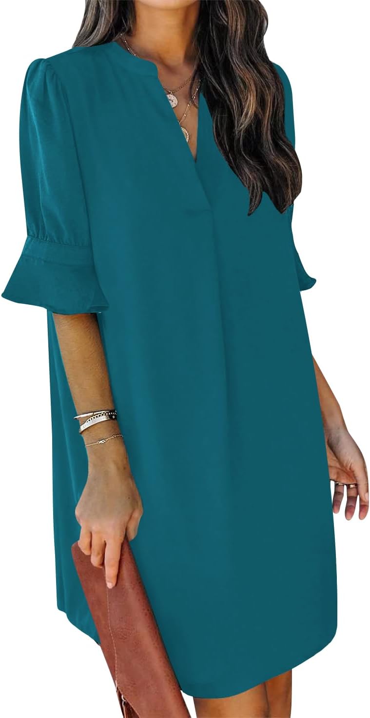 QACOHU Summer Dresses for Women V Neck Ruffle Short Sleeve Casual Shift Dress