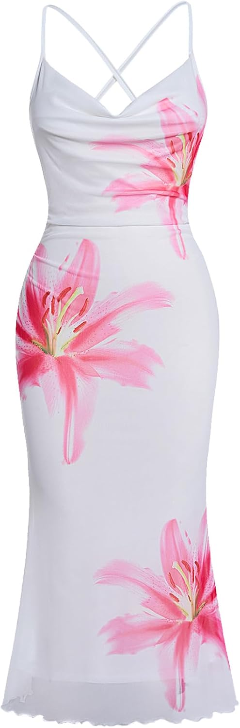 SOLY HUX Women's Floral Mesh Bodycon Cami Dress Cowl Neck Sleeveless Cocktail Party Wedding Guest Long Maxi Dresses