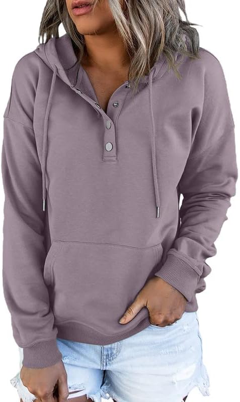 Dokotoo Womens 2025 Hoodies Button Collar Drawstring Hooded Pullover Sweatshirt Casual Long Sleeve Tops Shirts