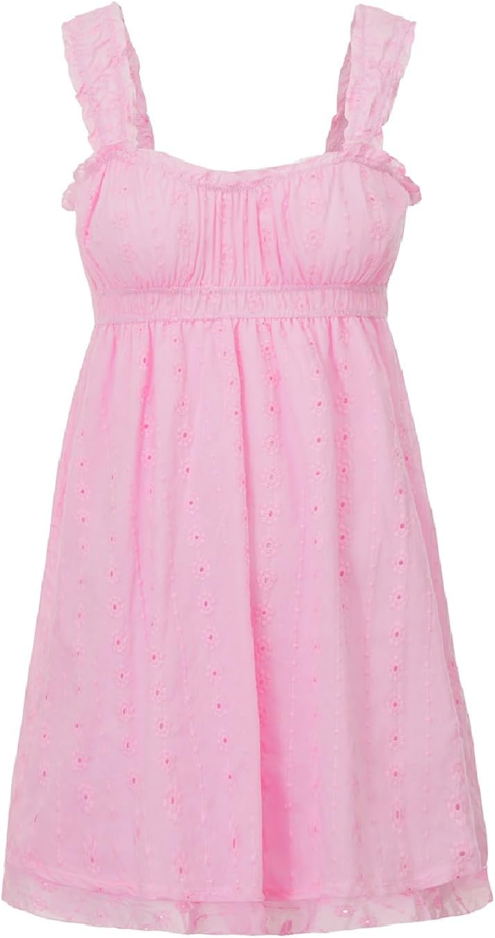 Women Sleeveless Mini Sundress Floral Embroidery Elastic Waist Aline Dress Square Neck Babydoll Short Dress