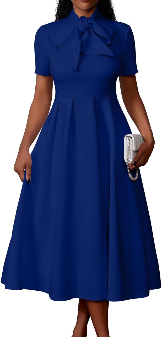Memoriesea Women's Elegant Casual Short Sleeve Work Party A-Line Dress with Pockets