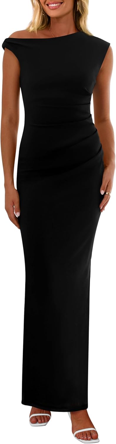 PRETTYGARDEN Women's 2025 Summer Formal Maxi Dresses Sleeveless One Shoulder Bodycon Ruched Mesh Wedding Guest Cocktail Dress