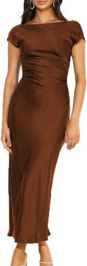 2025 Satin Cap Sleeve Cowl Back Summer Dresses for Women Elegant Ruched Waist Wedding Guest Midi Dress