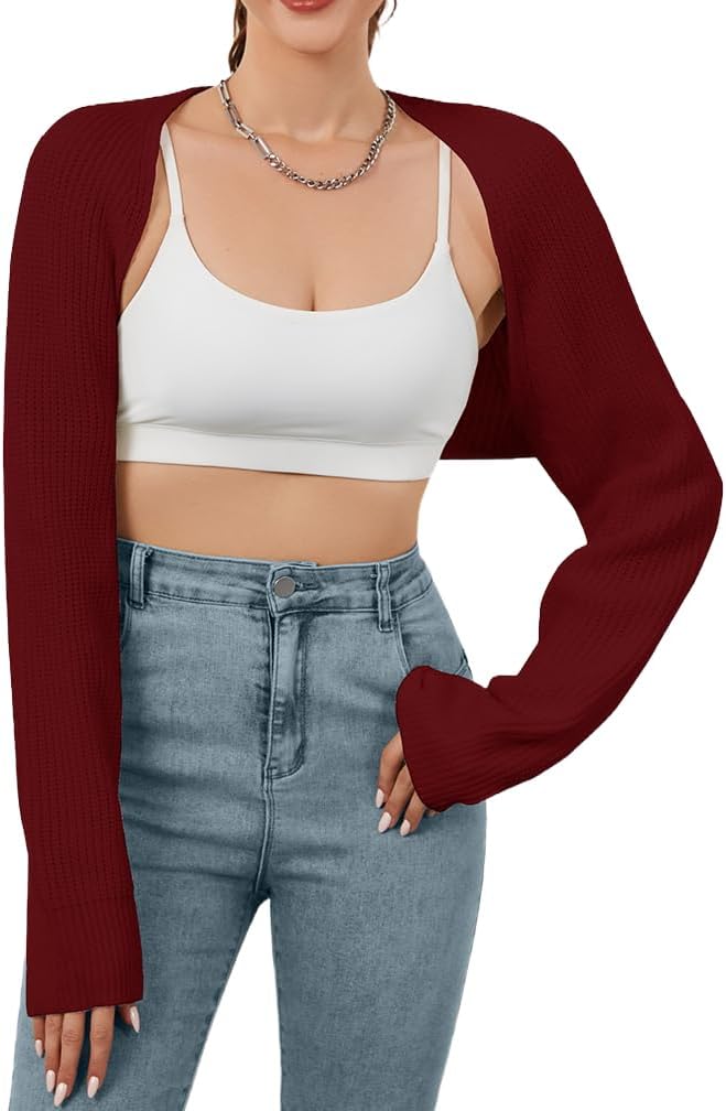 Women Open Front Ribbed Knit Crop Bolero Drop Shoulder Long Sleeve Solid Loose Fit Knitted Crop Cardigan Shrug