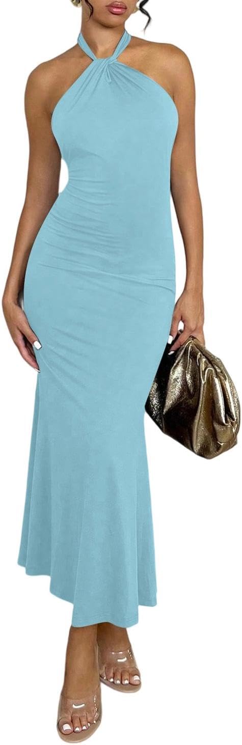 SOLY HUX Women's Bodycon Maxi Dress Halter Neck Sleeveless Backless Twist Party Club Going Out Long Dresses
