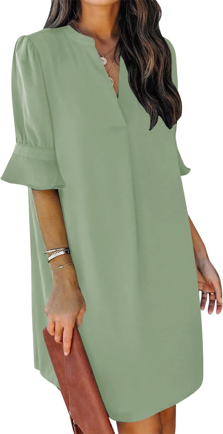 QACOHU Summer Dresses for Women V Neck Ruffle Short Sleeve Casual Shift Dress