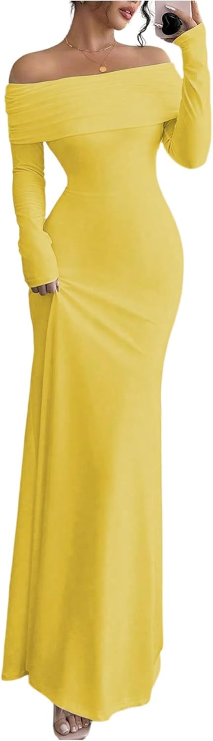 SOLY HUX Women's Long Sleeve Off The Shoulder Bodycon Dress Elegant Maxi Dress Cocktail Prom Dresses