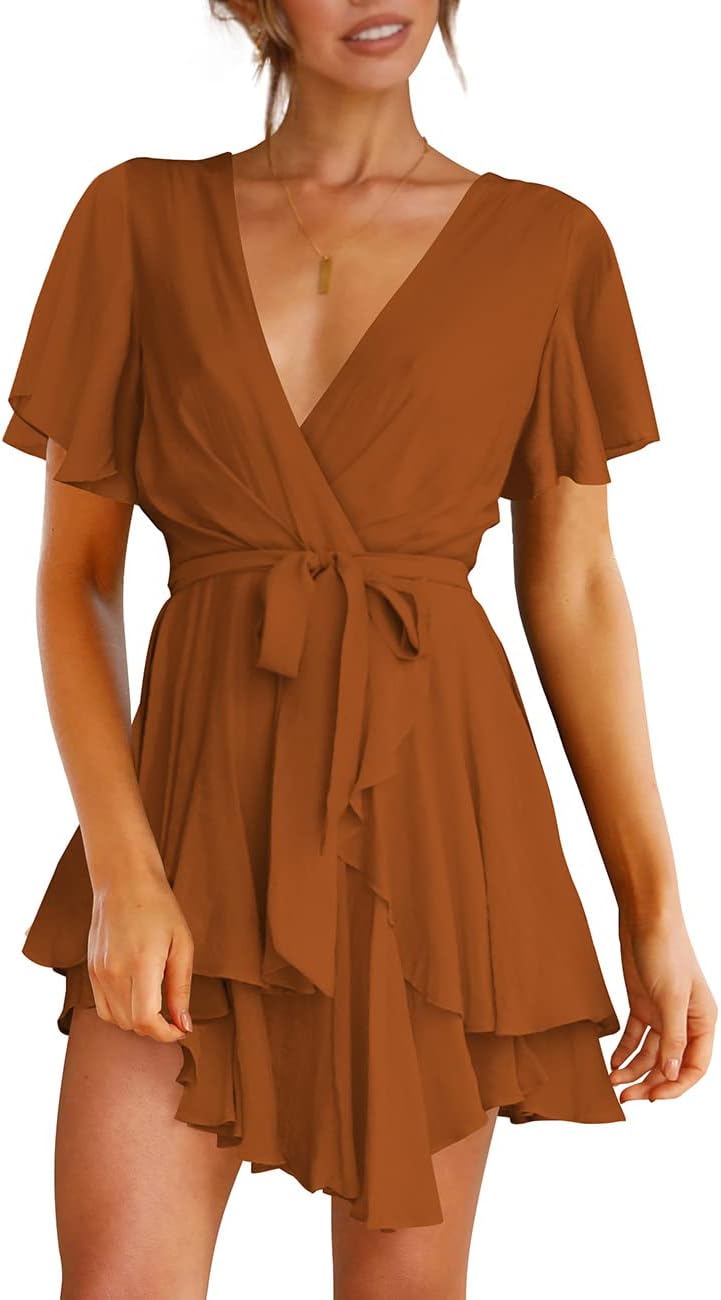 Cosonsen Women's Dress Deep V-Neck Long Sleeve Waist Tie Ruffle Mini Swing Skater Dresses