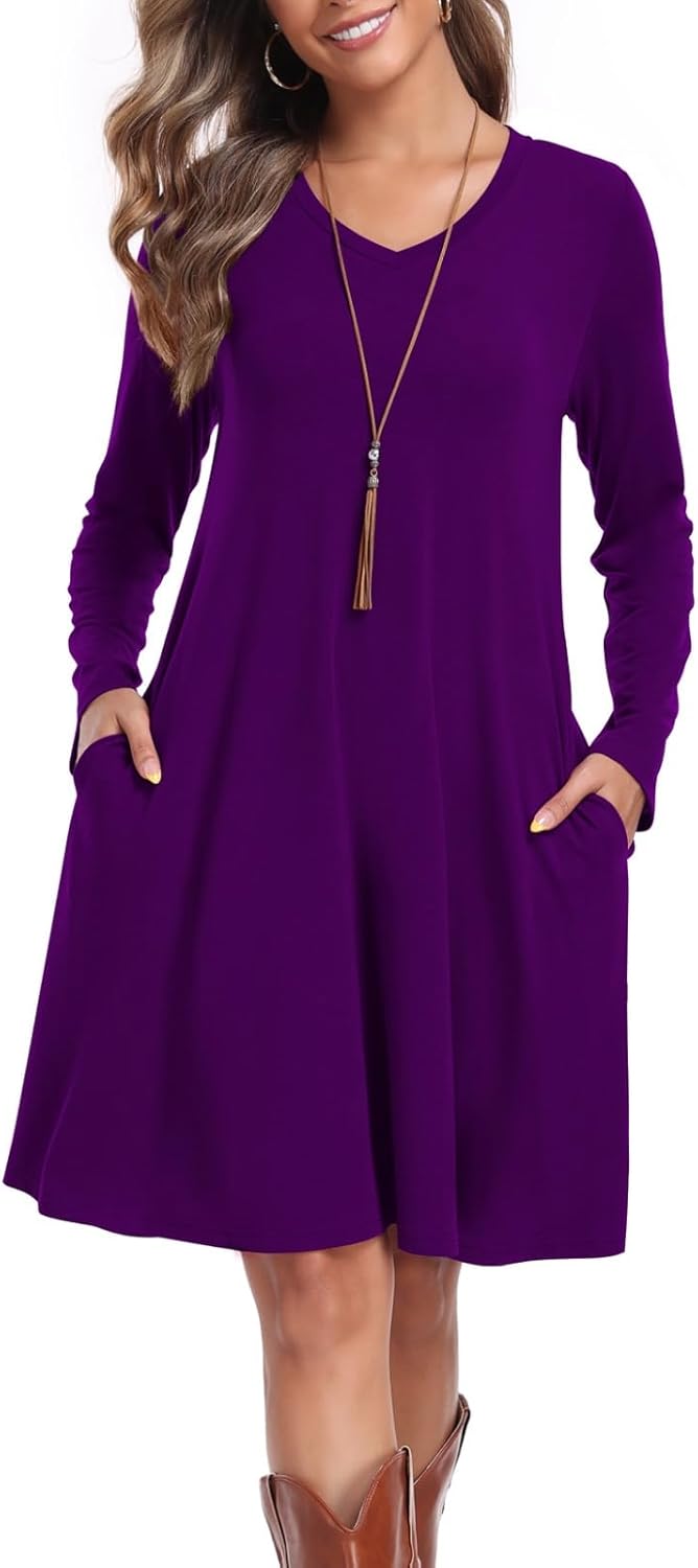 Women's Casual T Shirt Dresses Fall Long Sleeve Swing Dress with Pockets