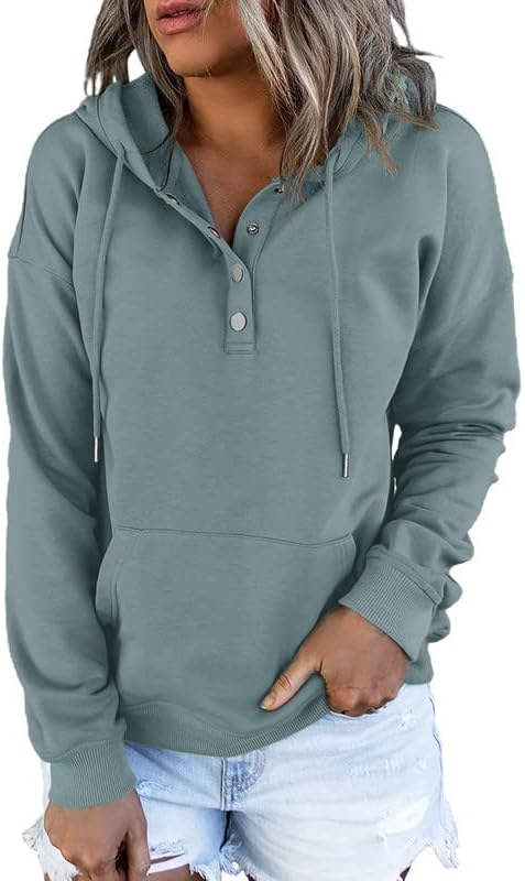 Dokotoo Womens 2025 Hoodies Button Collar Drawstring Hooded Pullover Sweatshirt Casual Long Sleeve Tops Shirts