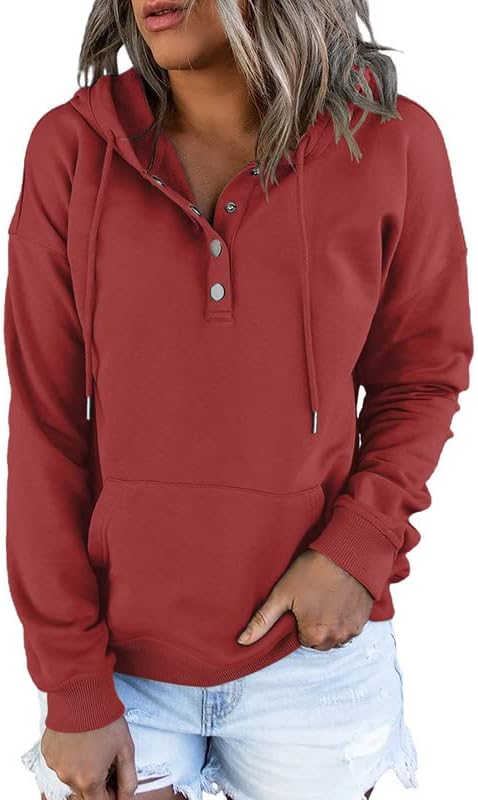 Dokotoo Womens 2025 Hoodies Button Collar Drawstring Hooded Pullover Sweatshirt Casual Long Sleeve Tops Shirts