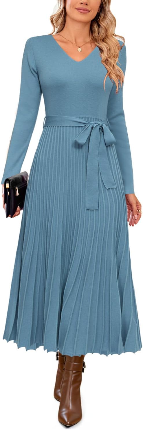 Arach&Cloz Women's Wool Blend Tie Waist Pleated Fall Sweater Dress 2025