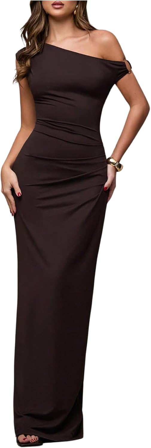 Verdusa Women's Off The Shoulder Wedding Guest Dress Asymmetrical Ruched Sleeveless Maxi Dresses