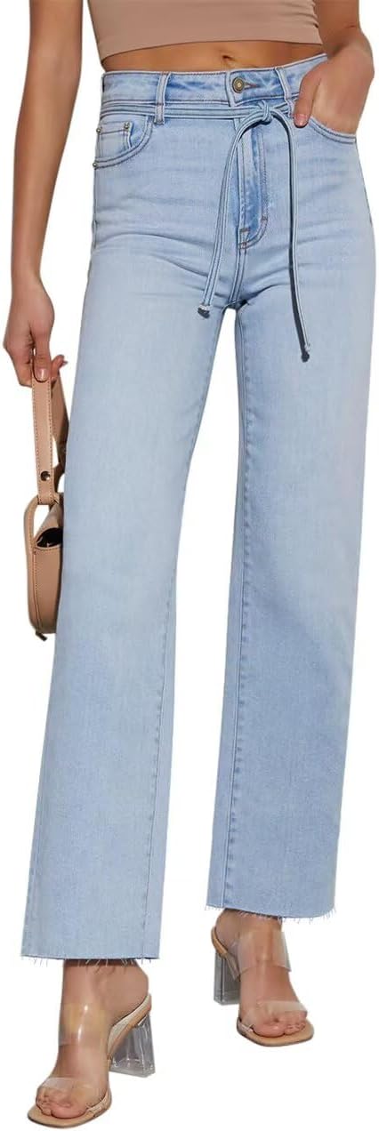 KDF Straight Leg Jeans for Women High Waisted Jeans Frayed Baggy Pants Raw Hem Loose Stretchy Cropped Wide Leg Jeans