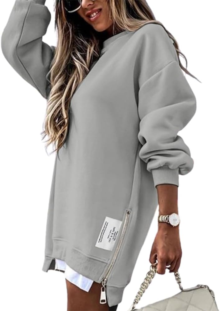 CHICME Womens Long Sleeve Zipper Slit Oversized Sweatshirt 2025 Casual Pullover Zipper Hoodies Fall Clothes
