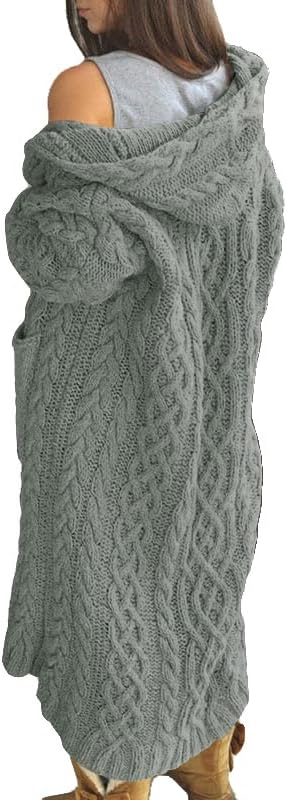 NIUBIA Womens Casual Long Sleeve Open Cardigan Warm Hooded Outwear Coat Cable Knit Long Cardigan Sweaters with Pockets