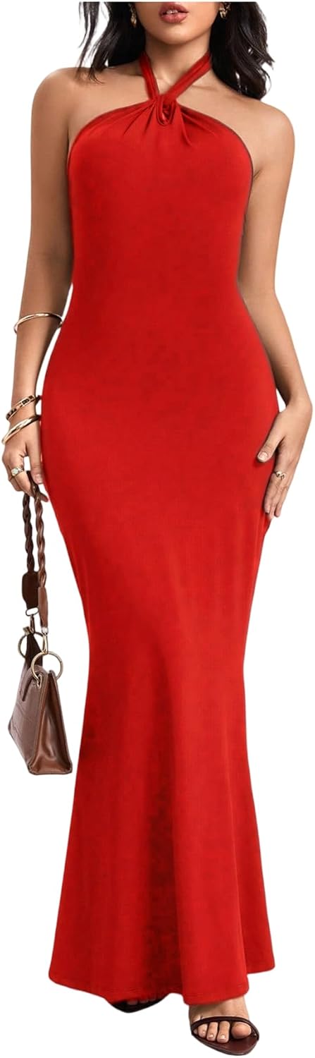 SOLY HUX Women's Bodycon Maxi Dress Halter Neck Sleeveless Backless Twist Party Club Going Out Long Dresses