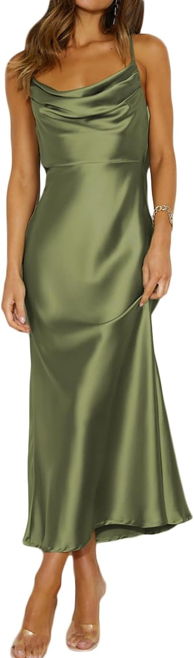 Summer Satin Spaghetti Strap Cowl Neck Backless Midi Dresses for Women Elegant Tie Low Back Ruched Cocktail Dress