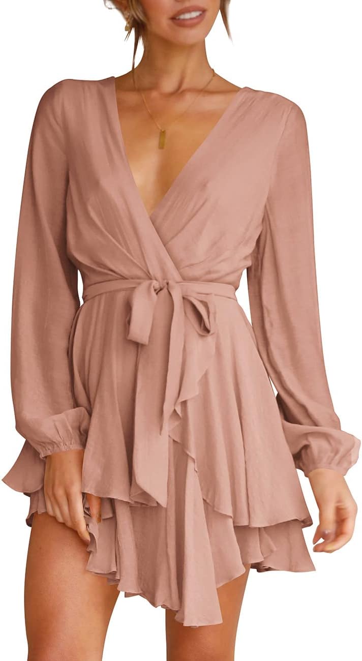 Cosonsen Women's Dress Deep V-Neck Long Sleeve Waist Tie Ruffle Mini Swing Skater Dresses