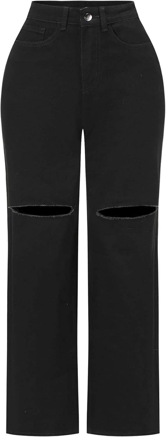 THUNDER STAR Womens High Waisted Wide Leg Jeans Stretchy Distressed Denim Pants