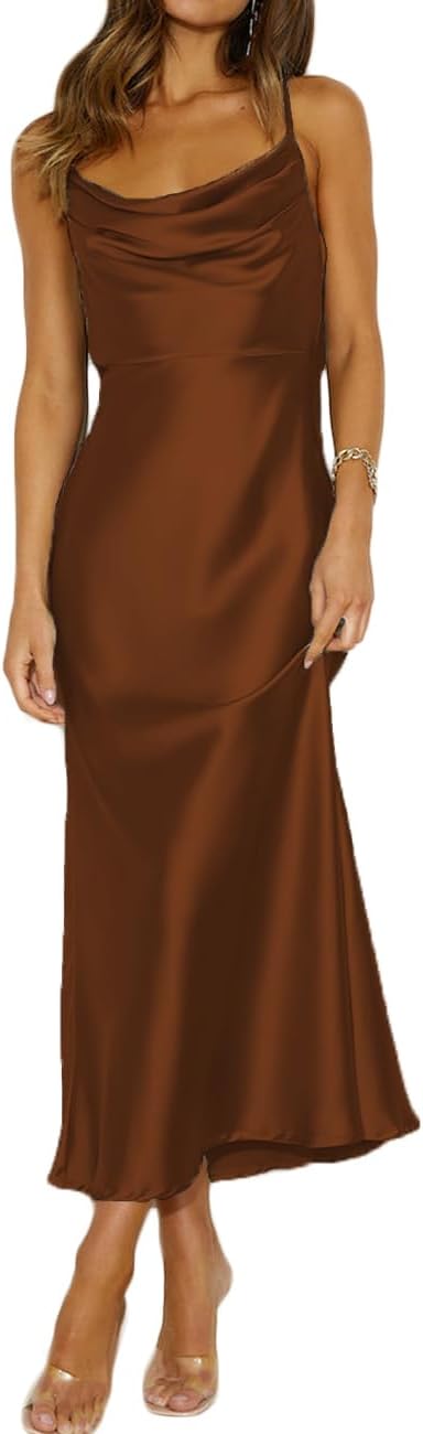 Summer Satin Spaghetti Strap Cowl Neck Backless Midi Dresses for Women Elegant Tie Low Back Ruched Cocktail Dress
